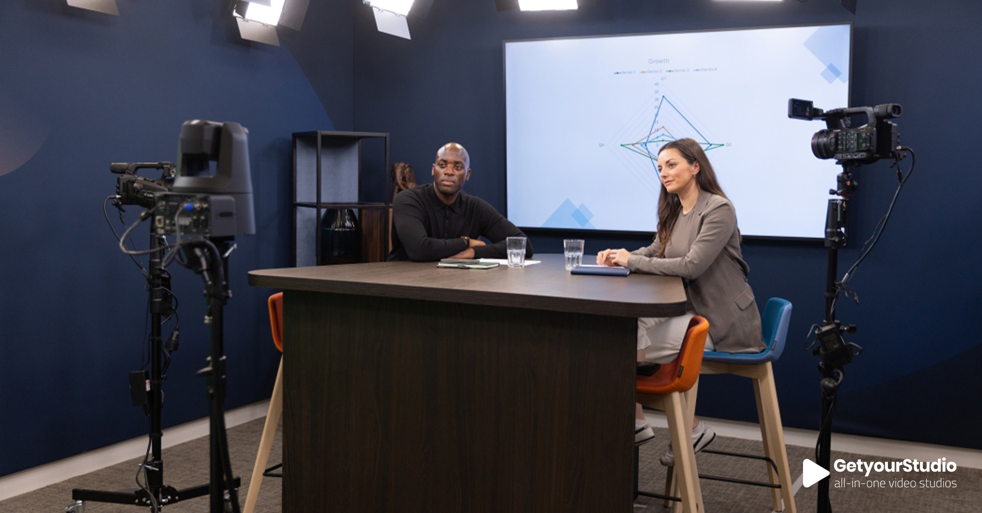 Corporate in-house studio van Jupiter Asset Management, ontworpen en gebouwd door GetyourStudio met professionele camera’s, verlichting en meubilair